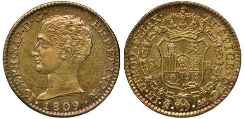 Spain Spanish golden coin 80 eighty reales 1809, French Administration, ruler Joseph Napoleon...
