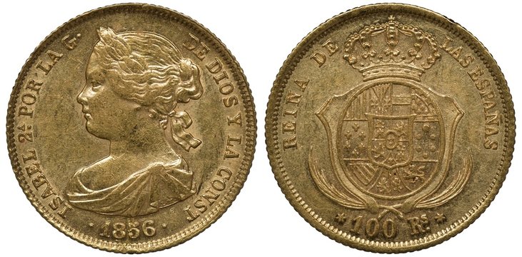 Spain Spanish golden coin 100 one hundred reales 1856, younger bust of Queen Isabel II left, crowned shield with designs