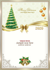 2020 Happy New Year. Christmas tree with balls and stars on background of snowflakes in frame with bells, golden ribbon, place for text