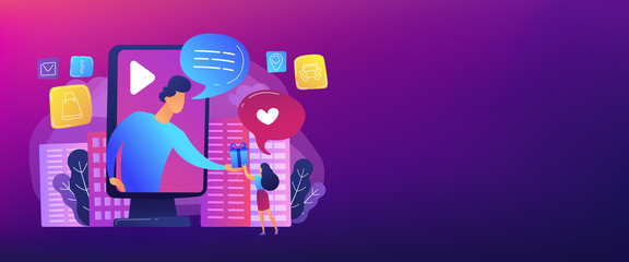 Targeted social media ads. Giveaway promo campaign, SMM. Interactive advertising, clients engagement analytics, effective marketing services concept. Header or footer banner template with copy space.