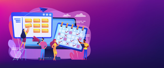 Time management, marketers teamwork. Media planning, media representation control, reach your client, best media plan for your brand concept. Header or footer banner template with copy space.