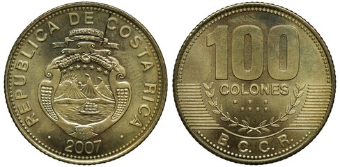 Costa-Rica Costa-Rican coin 100 one hundred colones 2007, shield with sailing ship in front of...