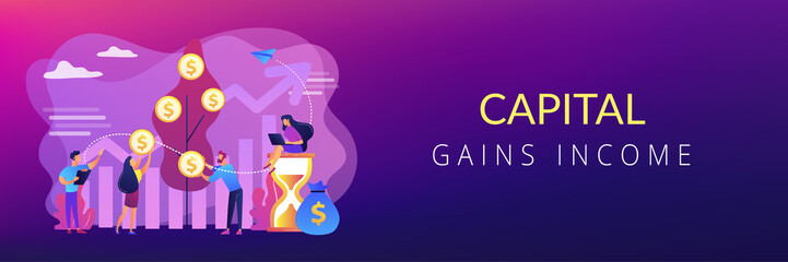 Money investing, financiers analyzing stock market profit. Portfolio income, capital gains income, royalties from investments concept. Header or footer banner template with copy space.