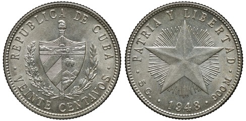 Cuba Cuban silver coin 20 twenty centavos 1948, shield with designs flanked by sprigs, radiant...