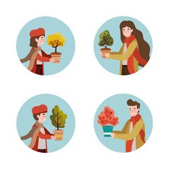 family members with autumn clothes and plant