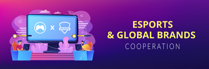 Cybersports competition. Branded game players playing. eSports collaboration esports partnership, esports and global brands cooperation concept. Header or footer banner template with copy space.
