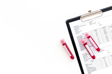 Blood test results on white background top view copy space