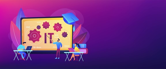 Software development. Programming, coding learning. Information technology courses, IT courses for all levels, computing and hi tech course concept. Header or footer banner template with copy space..