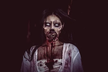 Fotobehang Portrait of asian woman make up ghost face with blood,Horror scene,Scary background,Halloween poster,Thailand people © reewungjunerr