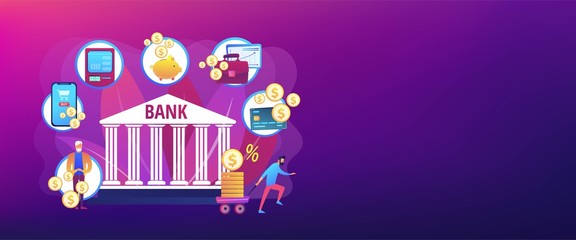Finance services. Financial transaction. E-commerce and e-payment. Banking operations, main banking processing, easy banking services concept. Header or footer banner template with copy space..