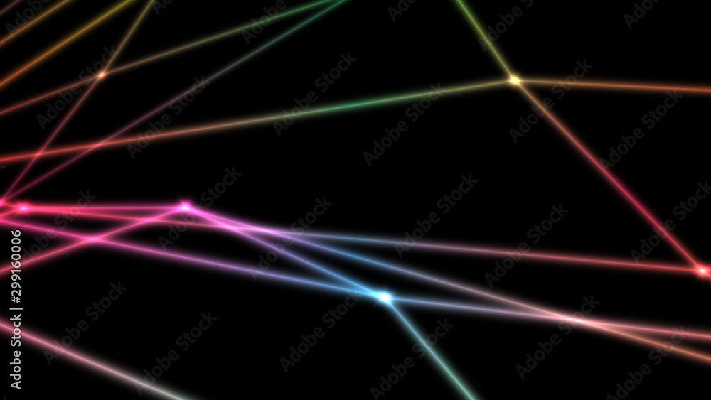 Poster computer abstraction, color lines broken at nodes on a dark background, 3d model
