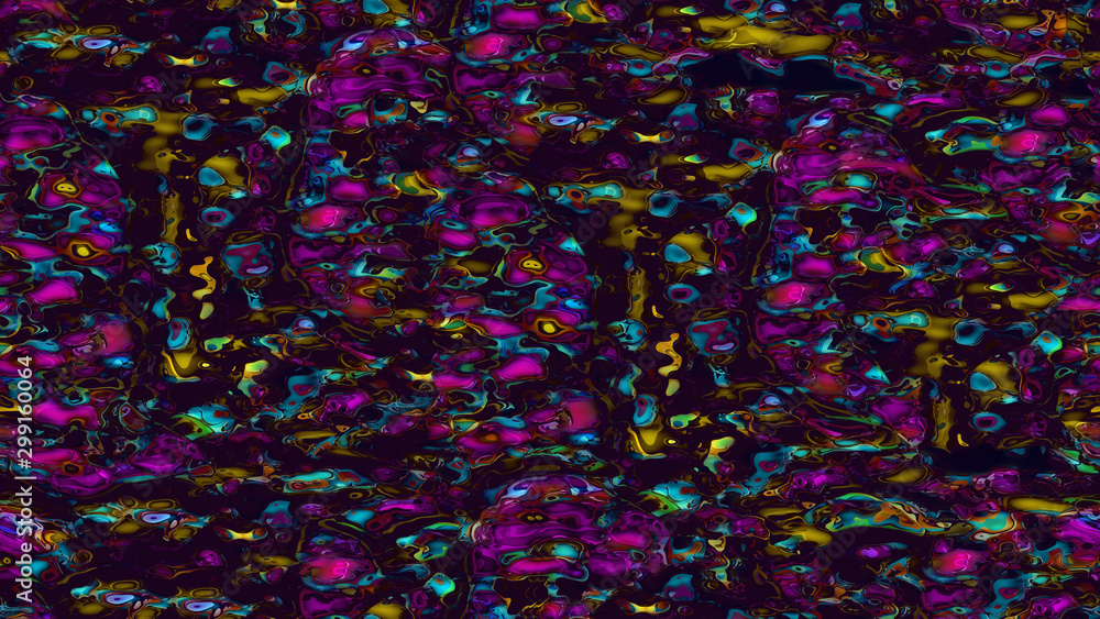 Poster abstract pattern of multi-colored blots on a dark background violet-yellow-blue, 3d graphics, seamle