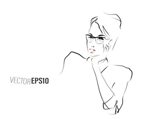 Young stylish woman in glasses. Hand-drawn portrait of beautiful girl with short hair. Business lady. Fashion illustration in sketch style