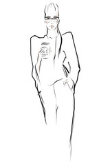 Fototapeta premium Young stylish woman in glasses. Hand-drawn portrait of beautiful girl with сup of coffee. Fashion illustration in sketch style. Vector