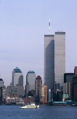 skyline of new york city twin tower - obrazy, fototapety, plakaty