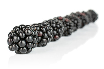 Lot of whole fresh black blackberry placed diagonally isolated on white background