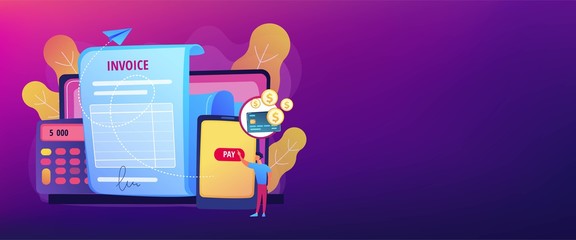 Money loan contract, e payment application, finances management. Payment terms, convenient contract payments, invoice payment terms concept. Header or footer banner template with copy space.