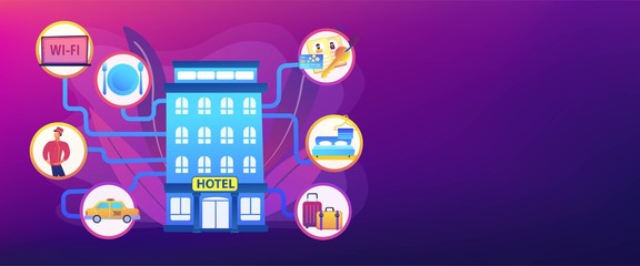 Luxurious inn, accommodation booking. Free wifi, room cleaning. Hospitality management, hotels business processes, hotel management system concept. Header or footer banner template with copy space.