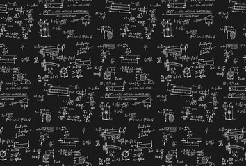 Physics seamless pattern with the equations, figures, schemes, plots and other calculations on blackboard. Vintage handwritten vector Illustration.