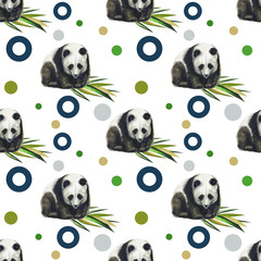Hand drawn watercolor pattern with panda, bamboo leaves. Seamless patterns