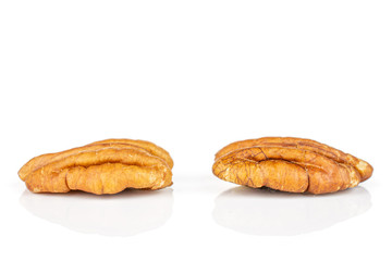Group of two whole dry brown pecan nut isolated on white background
