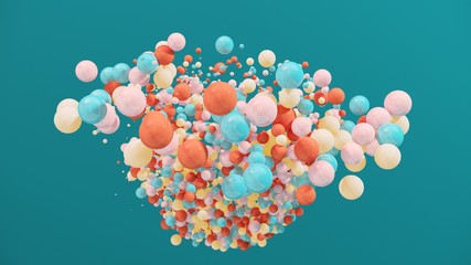 Dynamic colorful bouncing balls for party, festival, celebration. Group of balls, bubbles on bright  background. Digital, trend, conceptual banner for children with copy space - 3D, render.