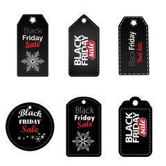 An isolated collection of Black Friday sale labels.
