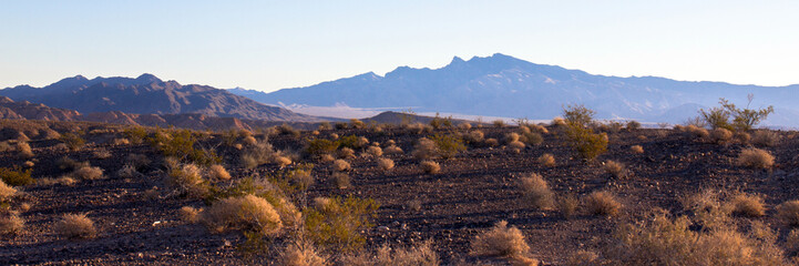 Panorama of Gold Butte National Monument at dawn as seen from Lake Mead National Recreation Area in Nevada