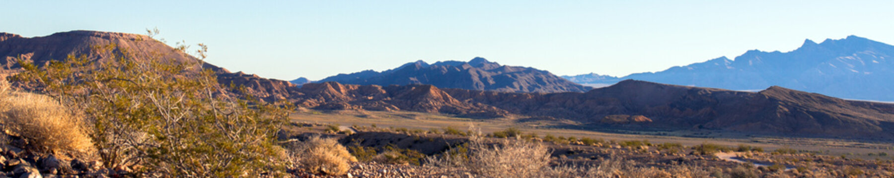 Ultra-wide panorama of Gold Butte National Monument at dawn as seen from Lake Mead National Recreation Area in Nevada