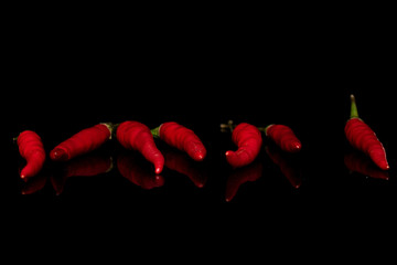 Group of seven whole hot red chili isolated on black glass