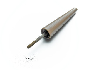 Light brown eyebrow shadow, sponge brush with scattered powder isolated on white. Make up concept. 