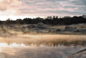 hot lake in cold morning