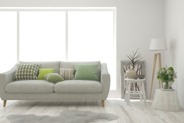 Stylish room in white color with sofa. Scandinavian interior design. 3D illustration