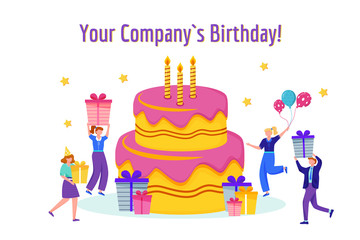 Company birthday celebration flat vector illustration. Corporate anniversary celebration concept. Cake with candles, gifts and workers cartoon characters. Greeting card design element