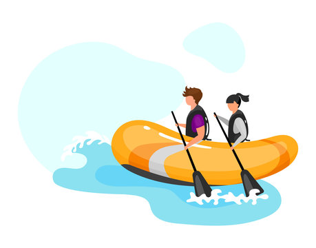Couple on boat flat vector illustration. Extreme sports experience. Active lifestyle. Summer outdoor fun activities. Ocean turquoise waves. Sportsman isolated cartoon character on blue background