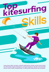 Top kitesurfing skills poster vector template. Watersport. Brochure, cover, booklet page concept design with flat illustrations. Extreme sport. Advertising flyer, leaflet, banner layout idea