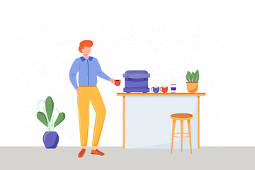 Office worker flat vector illustration. Employee with cup in break room with coffee station. Lunchroom interior with furniture and domestic plants. Faceless cartoon character enjoying hot drink