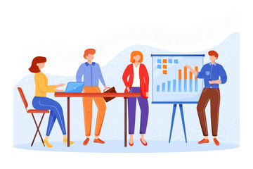 Business meeting flat vector illustration. Office worker presenting report. Teamwork concept. Brainstorming for ideas. Company strategy discussion. Faceless cartoon characters in conference room