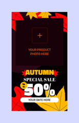 Dynamic editable abstract autumn backgrounds for instagram social media stories template. Colorful Banners with Autumn Fallen leaves. Use for product special sale or discount to your business products