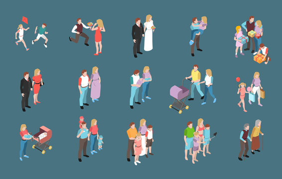 Family Isometric Icons Set 