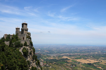 Fototapeta na wymiar San Marino fortress and towers landscape Italy