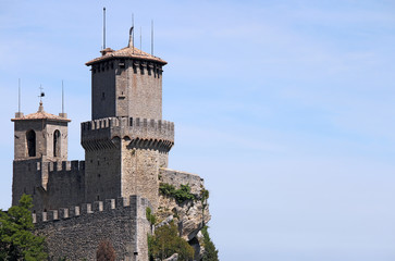 Fototapeta na wymiar San Marino fortress and towers landmark Italy