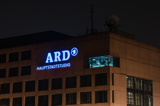 Headquarters - ARD (Consortium of public-law broadcasting institutions of the Federal Republic of Germany) in the night illumination, on March 05, 2016 in Berlin, Germany.