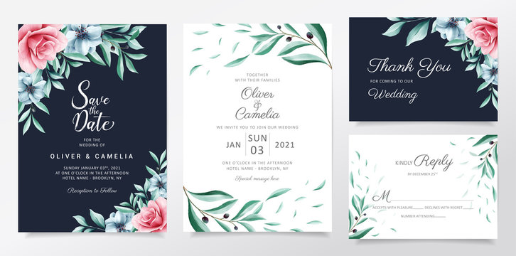 Navy blue wedding invitation card template set with watercolor flowers and leaves. Elegant botanic decoration background of blue floral for invites, greeting, save the date vector
