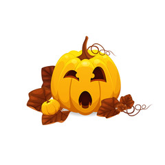 Halloween yellow pumpkin with surprised face Isolated on white background. Vector cartoon Illustration. Jack O'Lantern character.
