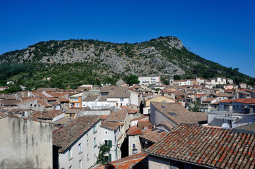 Fototapeta na wymiar View of the roofs of Anduze from the top of the clock tower