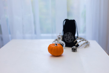 Abstract Halloween and Magic Installation Using Black Cat Image, Pumpkin, Scary Skull, Bones Hands,...