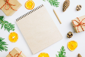 Wish list, goals, To Do plans. Christmas or New Year concept writing in notebook. Eco style. Gift...