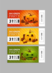 A set of tickets with pumpkin character for the Halloween party. Vector template
