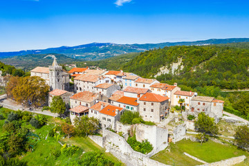 Fototapeta na wymiar Beautiful old town of Hum on the hill in Istria, Croatia, aerial view from drone